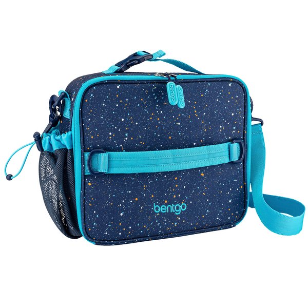 Bentgo® Kids Lunch Bag - Confetti Design for Ages 3+, Durable, Double Insulated, Water-Resistant Fabric, Interior & Exterior Zippered Pockets, Water Bottle Holder (Confetti Edition Abyss Blue)