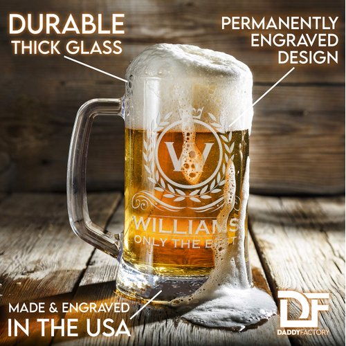 Personalized Custom Beer Mug Glass Cup, Engraved Etched Monogram 16 oz Classic Brew Mug Gift for Dad Drinker