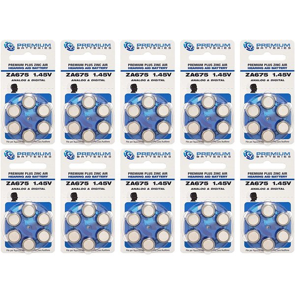 Premium Batteries Size 675, ZA675, PR44, P675 1.45V Zinc Air Hearing Aid Batteries Blue Tab (60 Batteries)