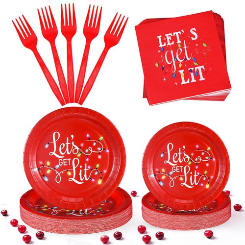 96 Pcs Christmas Party Supplies Paper Plates and Napkins Disposable Dinnerware Set Include Christmas Plates Napkins Forks for Xmas Holiday Table Decorations, Serves 24 Guests (Colored Light)