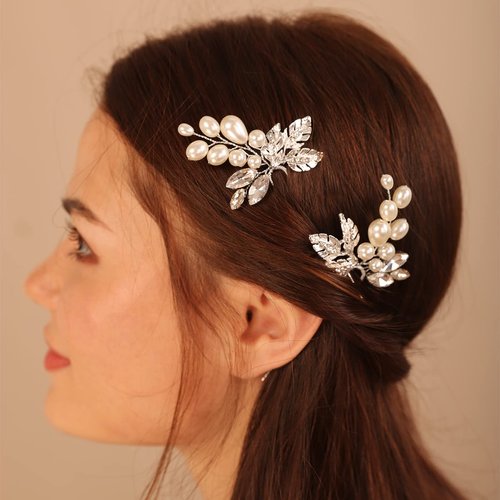 Kercisbeauty 2pcs Pearl and Leaf Silver Hair Piece for Women and Girls Wedding Bridal Hair Pins Hair Jewelry