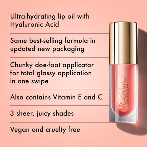 ICONIC LONDON Lustre Lip Oil | Non Sticky, Moisturizing and High Shine Lip Oil, Containing Vitamin C and Hyaluronic Acid, Cruelty Free, Vegan Makeup, She's A Peach, 6 mL/ 0.2 Fl Oz