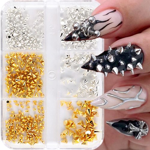 6 Grid/Box Mini Metal Rivet Punk Nail Charm Gold Silver Nail Charms for Acrylic Nails Cone Nail Art Studs Alloy Spike Studs Nail Jewels Nail Rivets Nail Stud Cone Spikes Nail Art Charms Nail Supplies
