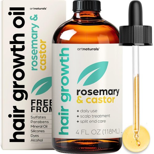 Artnaturals Organic Rosemary Castor Hair Oil + Massager Set - 4 oz with Coconut & Olive Oil for Dry, Damaged & Split Ends