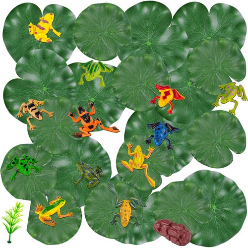 WhistenFla 32 Packs Mini Plastic Frog Toys and Artificial Lily Pads,Include 12 Colorful Plastic Frogs and 20 Floating Lily Pads for Ponds， Artificial Pond Plants for Garden Pool Decor Party Favor