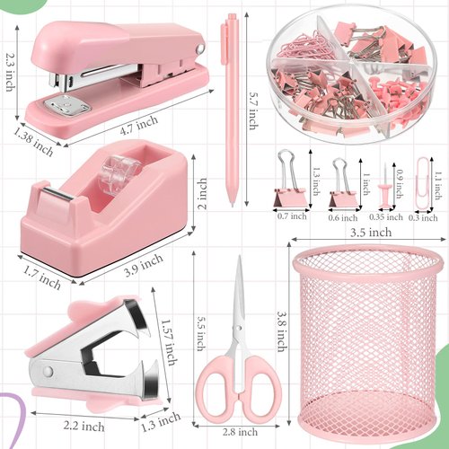Desk Accessory Kit Office Supplies Set of Stapler, Staple Remover, Binder Clips, Paper Clips, Push Pins, Staples, Ballpoint Pen, Scissors, Tape Dispenser, Pen Holder for Christmas Gift (Pink)