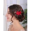 Teyglen Red Flower Wedding Hair Clip Pin Rhinestone Bridal Hair Clip Handmade Red Crystal Pearl Hair Barrette Wedding Headpeice Hair Accessories for Women