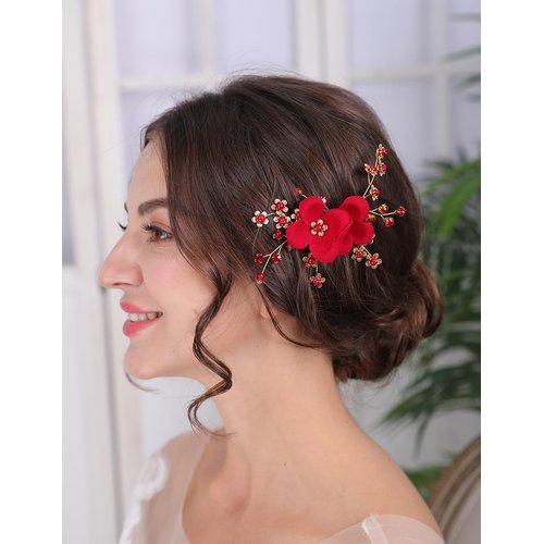 Teyglen Red Flower Wedding Hair Clip Pin Rhinestone Bridal Hair Clip Handmade Red Crystal Pearl Hair Barrette Wedding Headpeice Hair Accessories for Women