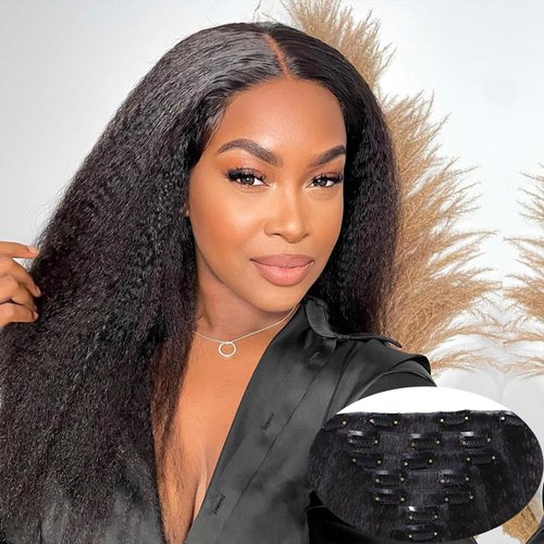 Yargel Hair 16 Inch Kinky Straight Clip in Hair Extensions for Black Women Full Head Yaki Straight Seamless Clip ins Synthetic Hair Pieces(1 pack)