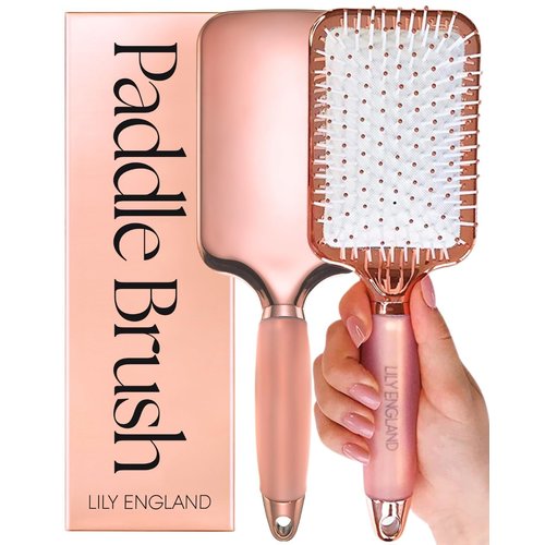 Lily England Hair Brush for Women For All Hair Types - Professional Paddle Brush for Blow Drying, Hair Detangling, & Straightening - Flat Hairbrush With Gel Handle for Easy Grip, Rose Gold