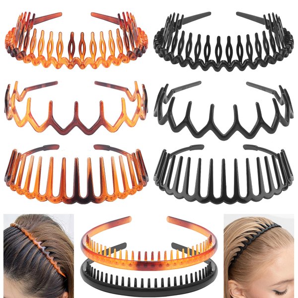 Exacoo Headbands for Women Girls Non Slip 8Pcs Skinny Plastic Curly Hair Bands for Men Women’s Thin Thick Hair 90s Brown Black Zig Zag Headband with Teeth Hair Accessories Diademas Para Mujer de Moda