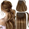 Caliee 18Inch Long Ponytail Extension Human Hair 80G Virgin Ponytail Hair Extensions Real Human Hair R4-4-6 Balayage Dark Brown to Medium Brown Soft Skily Straight Wrap Around Hair Pieces for Women