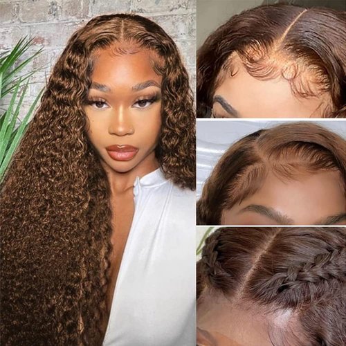 13x4 Transparent Lace Front Wigs Human Hair Chocolate Brown Curly Human Hair Wigs for Black Women 200% Density Glueless Lace Frontal Wigs Brazilian Virgin Human Hair Pre Plucked Curly Wigs 18 Inch