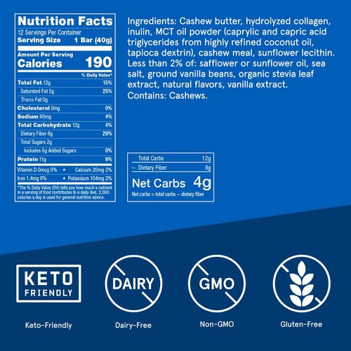Collagen Protein Bars, Vanilla Shortbread, 11g Protein, 12 Pack, Bulletproof Grass Fed Healthy Snacks, Made with MCT Oil, 2g Sugar, No Added Sugar