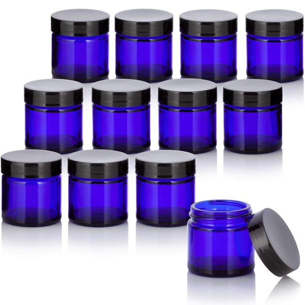 1 oz Cobalt Blue Thick Wall Glass Jar with Black Smooth Lid (12 Pack)