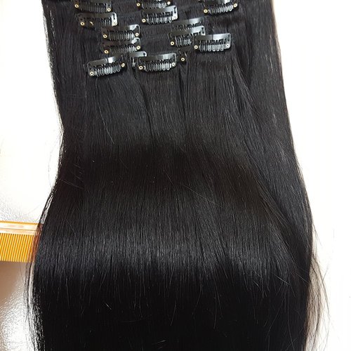 Hannah Queen Hair Brazilian Clip In Hair Extensions #1B Natural Black Grade 8A Double Weft 100% Remy Human Hair Full Head Straight 8pcs 17clips for Women Beauty (16 inch 100g,#1B Natural Black)