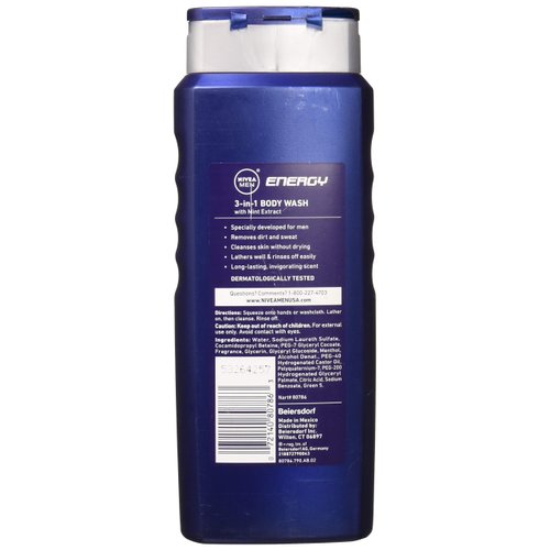 NIVEA FOR MEN 3-in-1 Body Wash Energy 16.90 oz (Pack of 4)