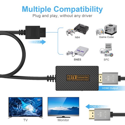 RuntoGOL N64 Gamecube to HDMI Adapter Converter Cable, HDMI Adapter for Nintendo Gamecube/Nintendo 64/SNES/SFC with HDMI Cable and USB Cable, Supports 4:3/16:9 Ratio Conversion