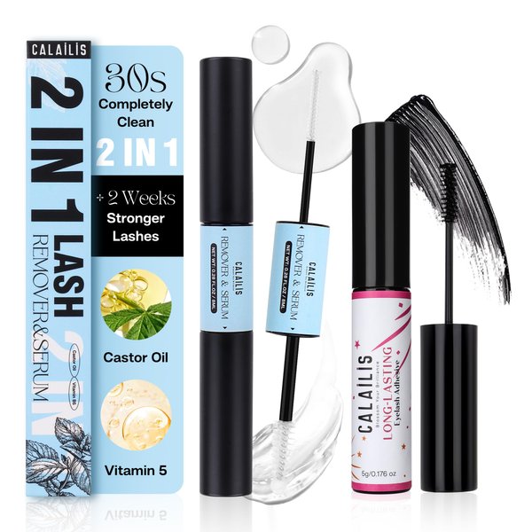 CALAILIS Cluster Lash Glue and Lash Remver and Lash Serum Kit, Strong Hold 48 Hours Lash Glue, Gentle Soothing Non-Irritating Lash Remover, Organic Castor Oil Eyelash Treatment Lash Serum