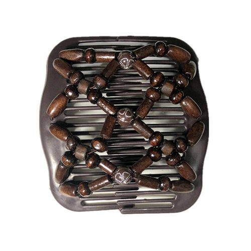 Lovef Women Magic Hair Combs Wood Beaded Stretch Double Side Combs Clips Bun Maker Hair Accessories (Bead Coffee)