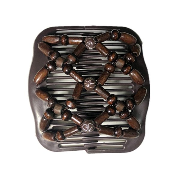 Lovef Women Magic Hair Combs Wood Beaded Stretch Double Side Combs Clips Bun Maker Hair Accessories (Bead Coffee)