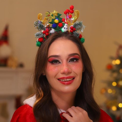Urieo Xmas Tree Light up Headband Antlers Christmas Headbands with LED Lights Santa Claus Party Hair band for Women