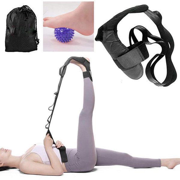 Autonomier Foot and Calf Stretcher, Leg Stretcher, Hamstring Stretcher, Stretching Strap For Plantar Fasciitis, Heel Spurs, Foot Drop, Achilles Tendonitis, Included Bag and Massage Ball (Black)