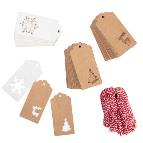 SallyFashion 150 PCS Christmas Tags, Kraft Paper Gift Tags Hang Labels with 20M Red and White String, Christmas Tree、Snowflake、Reindeer Design for Christmas Gift Favor,Christmas Party Christmas Tree