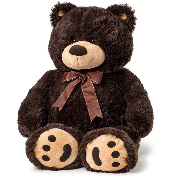 Joon Big Teddy Bear - Fluffy Fur, Ribbon & Bow Signature Footprints- Huggable & Lovable Joy, Ideal Gift for Baby Showers, Loved Ones, Perfect Big Cuddly Plush Toy Companion, 28 Inches, Dark Brown