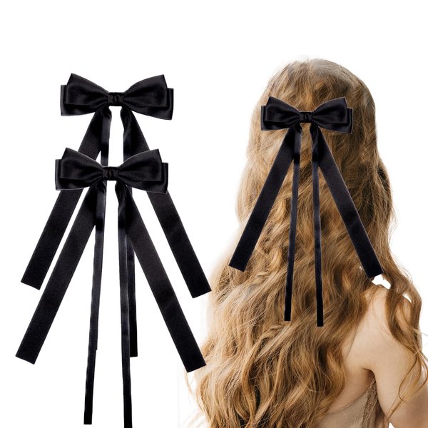 2PCS Hair Bows for Women Girls Black Hair Bow Hair Clips with Long Tail Hair Bows for Girls Hair Accessories for Women