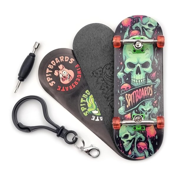 SPITBOARDS 32 x 96 mm Fingerboard Complete Wood Set-Up Assembled, 5-Layers, Silver Trucks with Bushings and Nuts, Transparent CNC Bearing Wheels, Lasered Foam Grip Tape Orange Green Skull