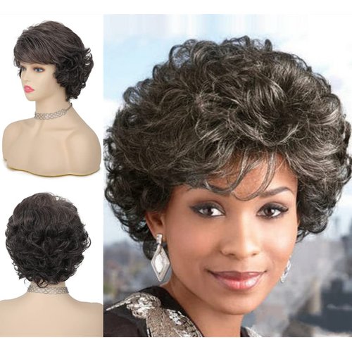 Tseses Short Grey Curly Wigs for Women Gray Layered Fluffy Synthetic Hair Soft Old Lady Wigs with Bangs Natural Looking Cosplay Daily Use（Grey Mix Brown）