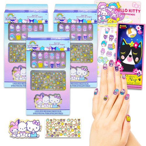 Hello Kitty and Friends Press-On Nails for Kids - 36 Pc Bundle with Hello Kitty Stick-On Nails Plus Tattoos, More | Hello Kitty Nail Kit for Girls