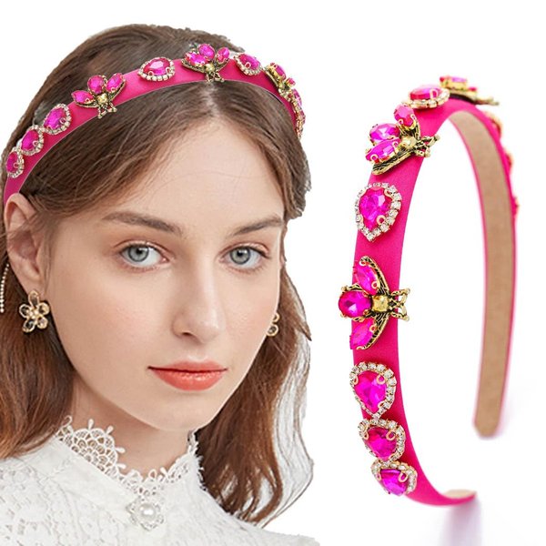 Coridy Thin Pink Headbands for Women Crystal Rhinestone Hairbands with Gemstone Bee Head Bands Luxury Bejeweled Headbands (Hot Pink)