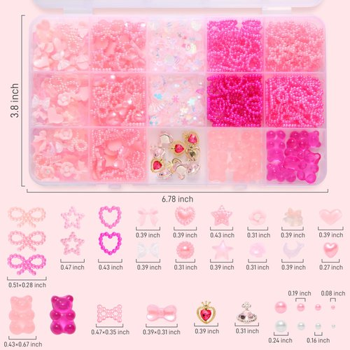 3D Pink Bow Nail Art Charms, 3D Assorted Bowknot Nail Charms Pearls Gems Cute Star Heart Butterfly Bow Planet Bear Nail Decoration with Pickup Tools for Manicure DIY Crafts Jewel Supplies