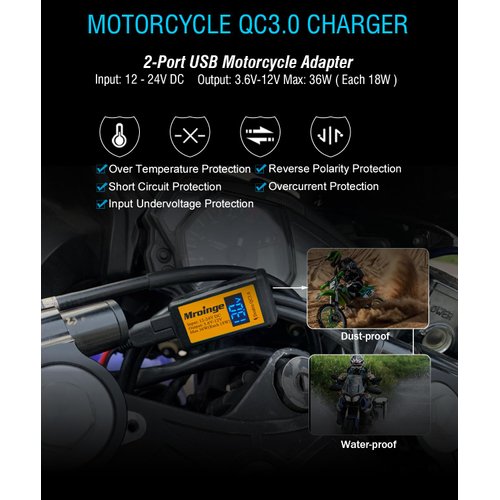 Motorcycle USB Charger, Mroinge 4.8A SAE to USB Adapter with Voltmeter & Ammeter, Quick Disconnect Plug with Dual USB Charger Perfect for Smart Device Charging, with ON/Off Switch & Waterproof Cover