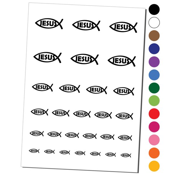Jesus Ichthys Fish Christian Sketch Temporary Tattoo Water Resistant Fake Body Art Set Collection - Dark Blue (One Sheet)