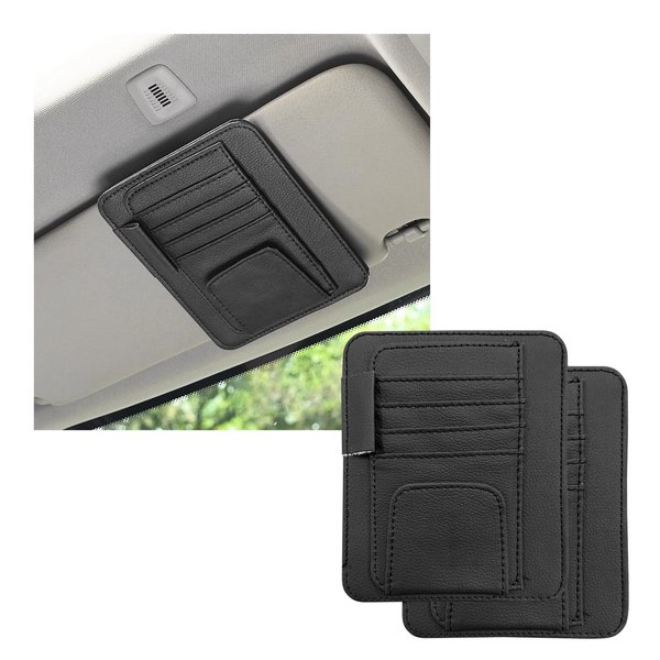 Dickno 2PCS Small Leather Car Sun Visor Organizer, Multifunctional Auto Visor Document Holder with Sunglasses Clip, Universal Car Interior Organizer for Drving License, Card, Pen (Black)