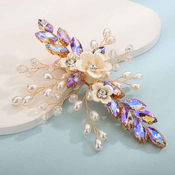 Teyglen Crystal Bridal Hair Clip Wedding Flower Rhinestone Hair Clips Handmade Pearls Crystal Hair Pieces Barrette Wedding Hair Accessories for Bride Floral Flower Headpieces for Women Girls (Purple