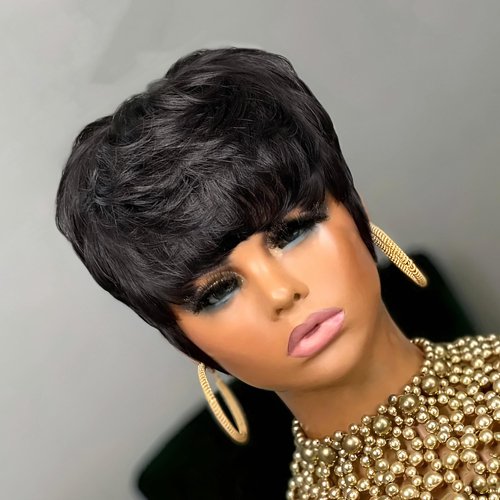 YJOQOKOA Short Human Hair Wigs for Black Women Pixie Cut Wig with Bangs Short Wigs for Black Women Natural Black Color Short Layered Wavy Wigs Glueless Wig Full Machine Made Short Bob Wig