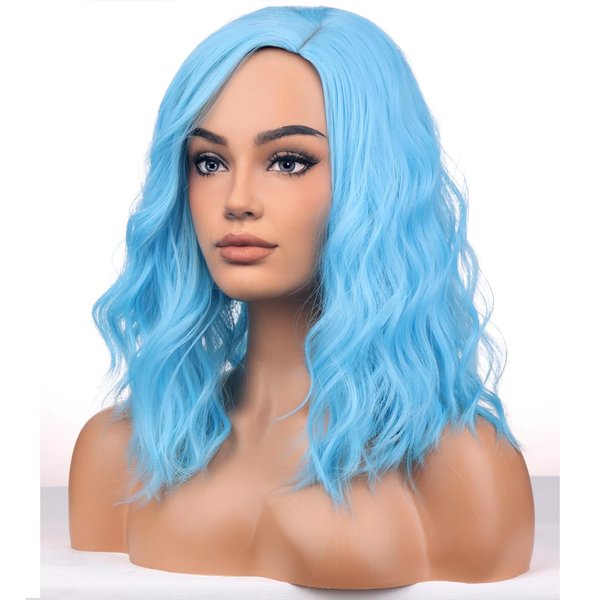BERON Blue Wigs for Womens Short Curly Wavy Wig Girls Sky Blue Colored Side Part Wigs Shoulder Length Heat Resistant Synthetic Cosplay Party or Daily Used Wigs