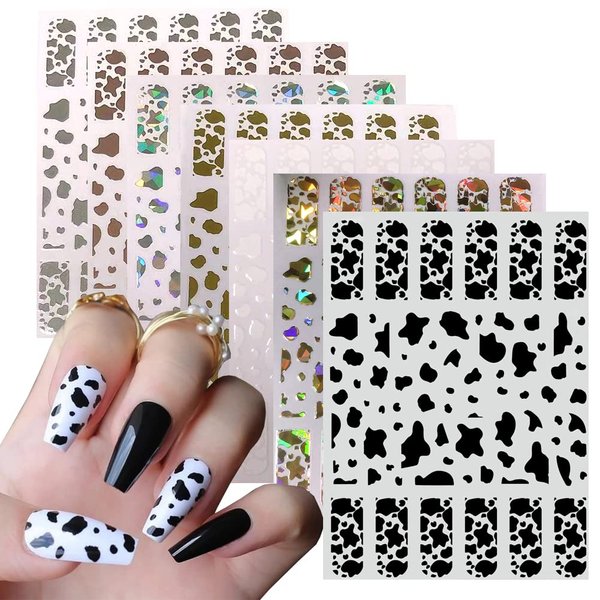 7 Sheets Gold Nail Art Stickers,Graffiti Nail Decals 3D Self-adhesive Nail Art Supplies Metal Laser Cow Graffiti Gold Silver Black Nail Art Design Manicure Tips DIY Nail Decoration,for Women Girl Kids