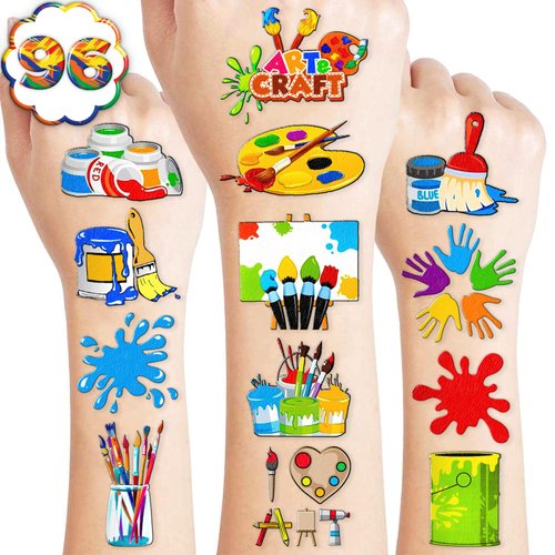 104 PCS Art Artist Paint Brushes Temporary Tattoos Birthday Party Decorations Supplies Favors Sip and Paint Multicolor Art Painting Colorful Decor Stickers For Girls Boys Gift School Prizes Rewards