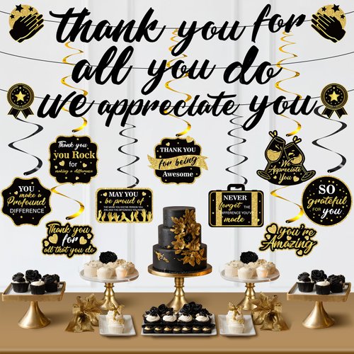 Black Gold We Appreciate You Decorations Thank You Banner with Appreciate Hanging Swirls Thank You For All You Do Decor for Teacher Doctor Nurse Employee Staff Graduation Appreciation Party Supplies