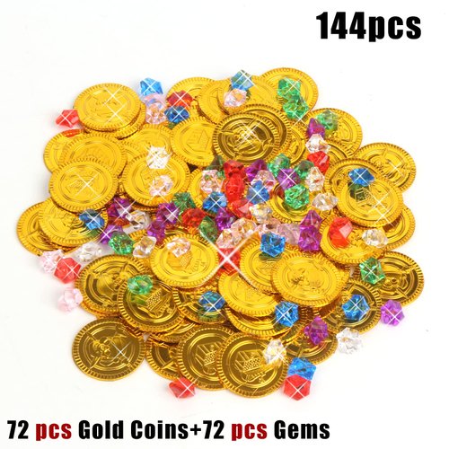 LOMIMOS Pirate Gold Coins,Buried Treasure and Pirate Gems Jewelry Playset Pack Party Favor Decorations(72 Coins+72 Gems)