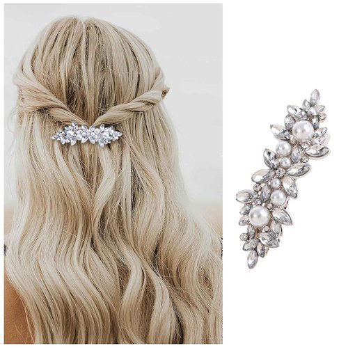 Iaceble Rhinestone Pearl Hair Clip Hairpins Vintage Pearl Hair Clip Silver Crystal Hair Barrette Bridal Hair Pin Hairclip Decorative Hair Accessories for Women and Girl Pearl Wedding Headdress