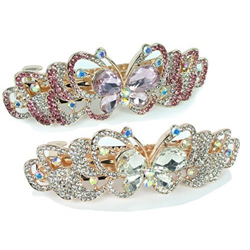 Rhinestone Barrettes - Set of 2 Jeweled Butterfly Hair Clips - Blue Crystals and Mulit-Colored Crystals - Gold Tone Barrett - 3.5"W x 1.25"H