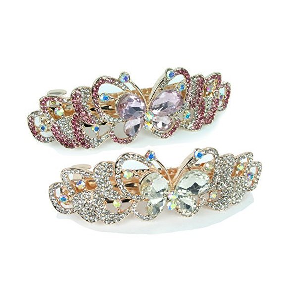 Rhinestone Barrettes - Set of 2 Jeweled Butterfly Hair Clips - Blue Crystals and Mulit-Colored Crystals - Gold Tone Barrett - 3.5"W x 1.25"H