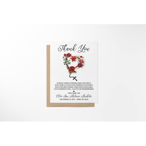 Personalized Funeral Acknowledgement Cards - Heart Rosary Red Floral Cross - Sympathy Thank You Bereavement Flat Notecards - Eco Friendly