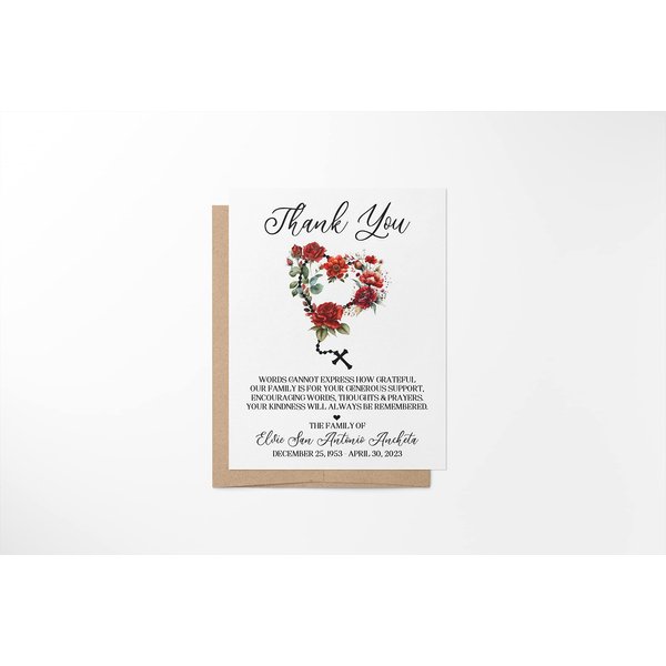 Personalized Funeral Acknowledgement Cards - Heart Rosary Red Floral Cross - Sympathy Thank You Bereavement Flat Notecards - Eco Friendly